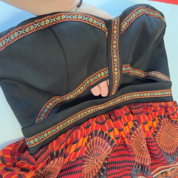 Sans Souci Strapless Maxi Dress Orange Red Tribal Geometric Cutout Size Medium - Picture 3 of 11